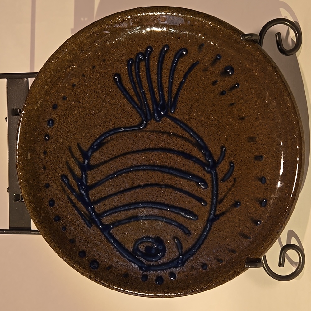 Artist Signed Earthworks Barbados Pottery Brown Plate w/Blue Fish Design 7.5"